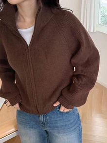 Livesso Loose Business Casual Minimalist Fashion Commuter Office Wear High Neck Knit Cardigan Sweater - Brown - View 6