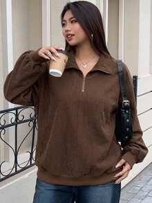 Livesso Curve Plus Size Women's Loose Leopard Print Half-Zip Pullover Sweatshirt, Streetwear Style Fall - Brown - View 6