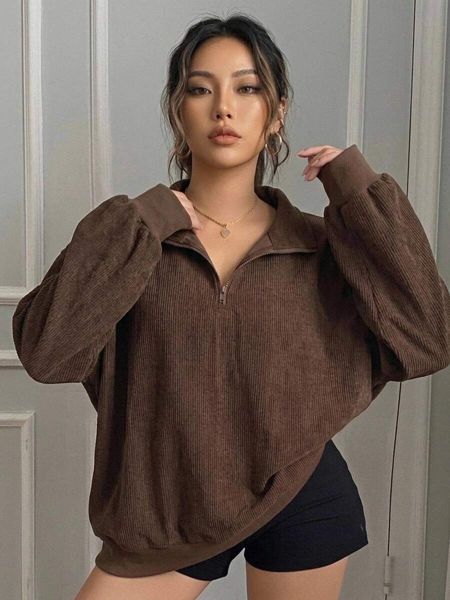 Livesso Curve Plus Size Women's Loose Leopard Print Half-Zip Pullover Sweatshirt, Streetwear Style Fall - Brown - View 1
