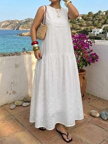 Livesso Plus Size Women White Casual Dress, Round Neck, Spring/Summer Vacation - White - View 6
