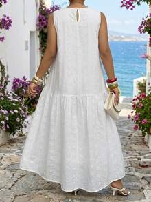 Livesso Plus Size Women White Casual Dress, Round Neck, Spring/Summer Vacation - White - View 5
