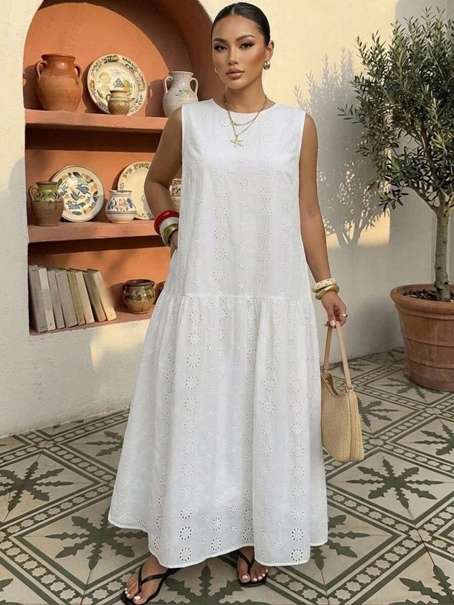 Livesso Plus Size Women White Casual Dress, Round Neck, Spring/Summer Vacation - White - View 1