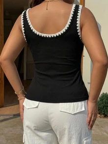 Livesso Holiday Outfit All-Season Black Decorative Contrast Trim Casual Slim Fit Tank Top Fall - Black - View 5