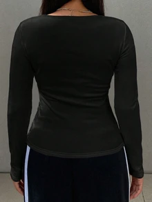 Livesso Curve Plus Size Solid Color Casual Thermal Lined Thick Versatile Fitted Long Sleeve Black T-Shirt Fall - Black - View 3