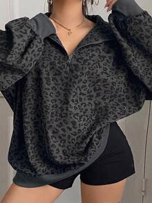 Livesso Curve Plus Size Women's Loose Leopard Print Half-Zip Pullover Sweatshirt, Long Sleeve Streetwear Style Fall - Dark Grey - View 1