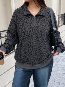 Livesso Curve Plus Size Women's Loose Leopard Print Half-Zip Pullover Sweatshirt, Long Sleeve Streetwear Style Fall - Dark Grey - View 3