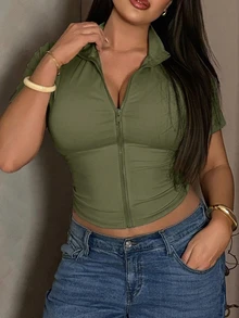 Livesso Curve Elastic Fitted Zip Front Casual Sports Cropped Short Sleeve T-Shirt, Plus Size For Women, Spring/Summer - Olive Green - View 5