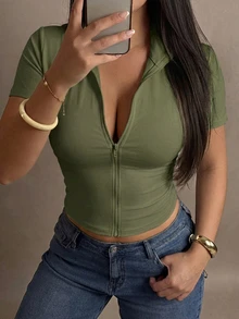 Livesso Curve Elastic Fitted Zip Front Casual Sports Cropped Short Sleeve T-Shirt, Plus Size For Women, Spring/Summer - Olive Green - View 4