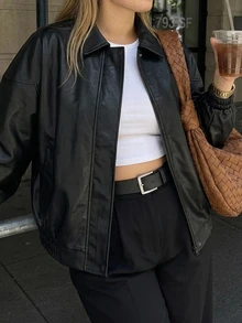 Livesso Solid Color Street Casual PU Leather Loose Blogger Waist-Cinching Leather Jacket Coat Spring/Autumn New Style - Black - View 9
