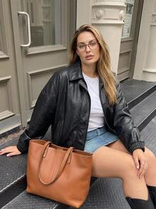 Livesso Solid Color Street Casual PU Leather Loose Blogger Waist-Cinching Leather Jacket Coat Spring/Autumn New Style - Black - View 7