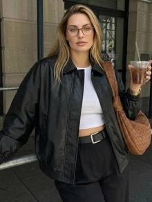 Livesso Solid Color Street Casual PU Leather Loose Blogger Waist-Cinching Leather Jacket Coat Spring/Autumn New Style - Black - View 1