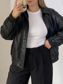 Livesso Solid Color Street Casual PU Leather Loose Blogger Waist-Cinching Leather Jacket Coat Spring/Autumn New Style - Black - View 4