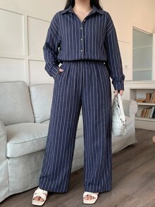 Livesso Western Style Beach Vacation Solid Color Faux Denim Linen Loose Casual Plus Size Women 2 Pieces Set, Spring/Autumn - Navy Blue - View 4