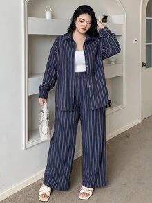 Livesso Western Style Beach Vacation Solid Color Faux Denim Linen Loose Casual Plus Size Women 2 Pieces Set, Spring/Autumn - Navy Blue - View 1