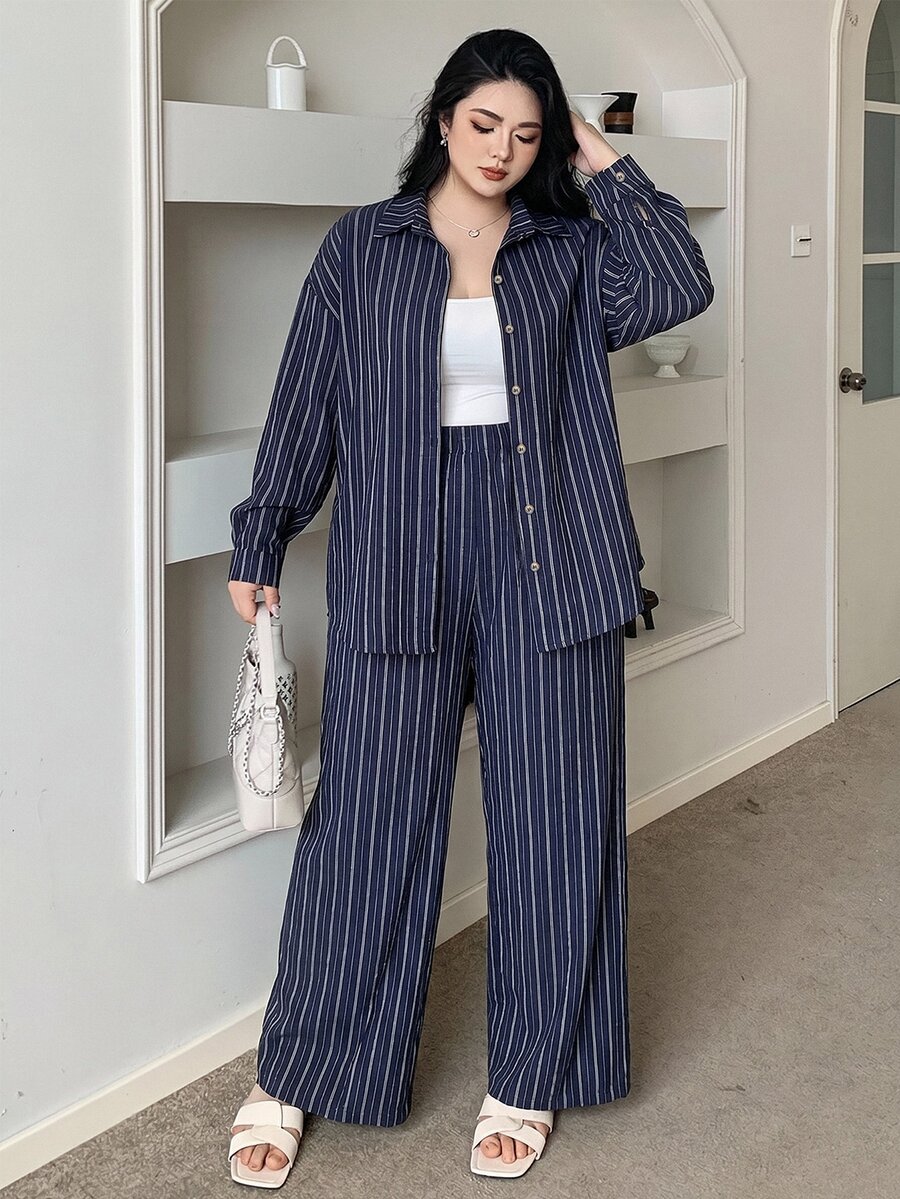 Livesso Western Style Beach Vacation Solid Color Faux Denim Linen Loose Casual Plus Size Women 2 Pieces Set, Spring/Autumn - Navy Blue - View 1