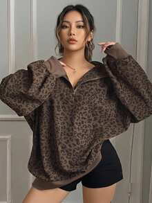 Livesso Curve Plus Size Women Quarter Zip Leopard Print Long Sleeve Pullover Sweatshirt, Street Style Sweatshirt Fall/Winter School Hoodies - Khaki - View 1