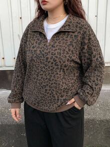 Livesso Curve Plus Size Women Quarter Zip Leopard Print Long Sleeve Pullover Sweatshirt, Street Style Sweatshirt Fall/Winter School Hoodies - Khaki - View 10