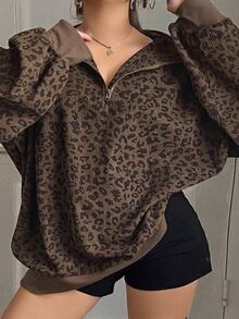 Livesso Curve Plus Size Women Quarter Zip Leopard Print Long Sleeve Pullover Sweatshirt, Street Style Sweatshirt Fall/Winter School Hoodies - Khaki - View 11