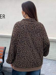 Livesso Curve Plus Size Women Quarter Zip Leopard Print Long Sleeve Pullover Sweatshirt, Street Style Sweatshirt Fall/Winter School Hoodies - Khaki - View 3