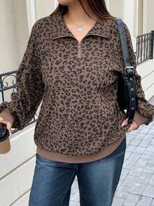 Livesso Curve Plus Size Women Quarter Zip Leopard Print Long Sleeve Pullover Sweatshirt, Street Style Sweatshirt Fall/Winter School Hoodies - Khaki - View 5
