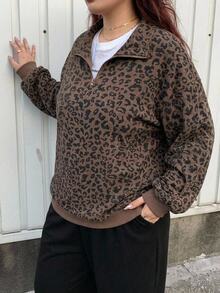 Livesso Curve Plus Size Women Quarter Zip Leopard Print Long Sleeve Pullover Sweatshirt, Street Style Sweatshirt Fall/Winter School Hoodies - Khaki - View 9