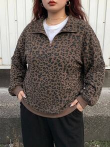 Livesso Curve Plus Size Women Quarter Zip Leopard Print Long Sleeve Pullover Sweatshirt, Street Style Sweatshirt Fall/Winter School Hoodies - Khaki - View 7