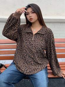 Livesso Curve Plus Size Women Quarter Zip Leopard Print Long Sleeve Pullover Sweatshirt, Street Style Sweatshirt Fall/Winter School Hoodies - Khaki - View 4