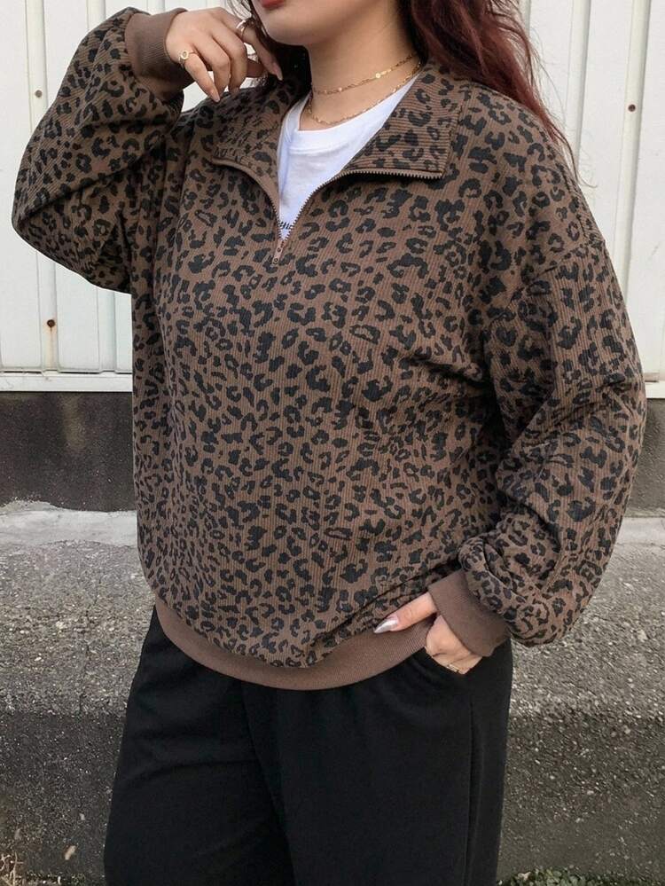 Livesso Curve Plus Size Women Quarter Zip Leopard Print Long Sleeve Pullover Sweatshirt, Street Style Sweatshirt Fall/Winter School Hoodies - Khaki - View 2
