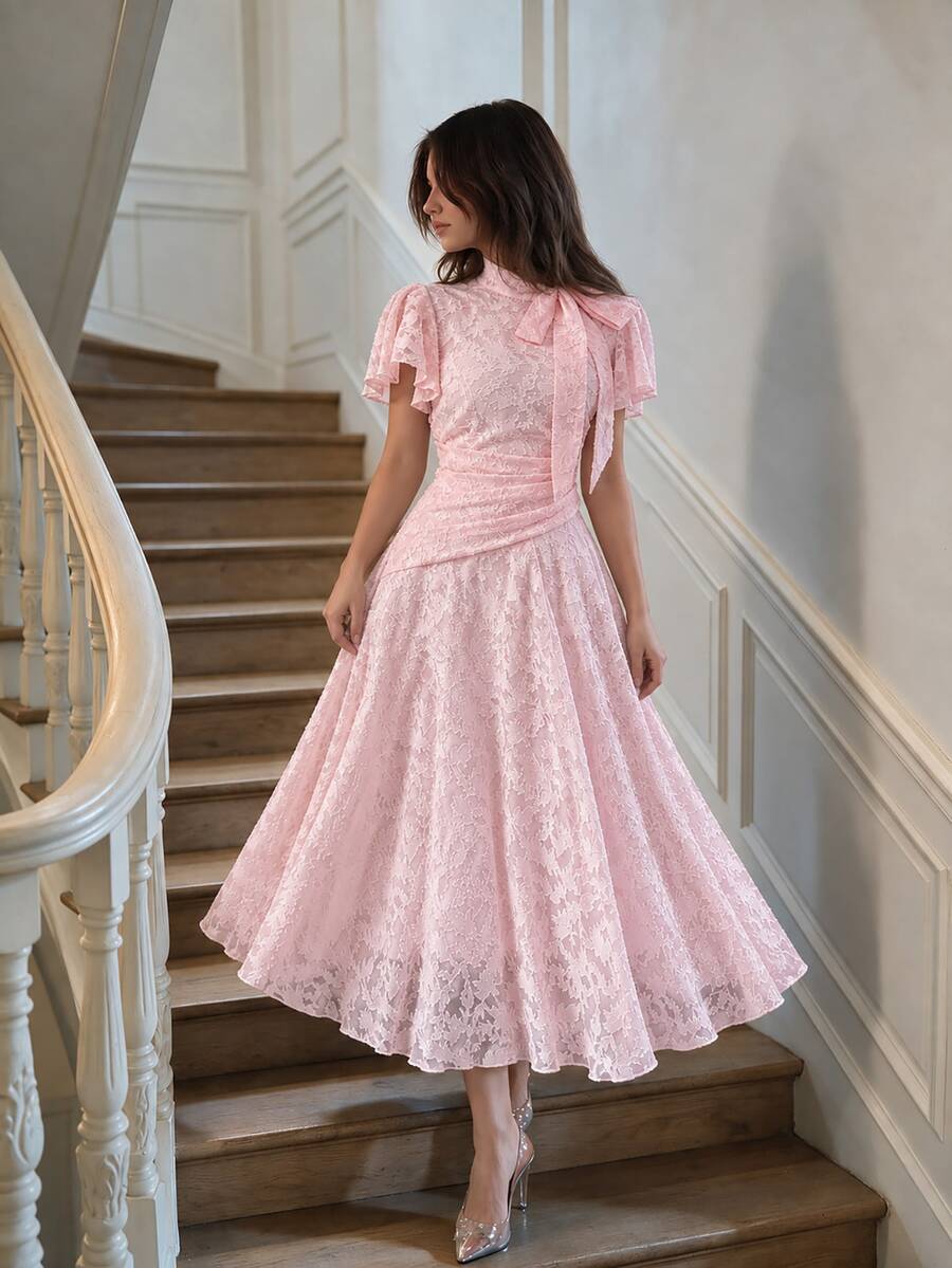 Modelyn Tie-Waist Ruched Cutout Flare Dress For Women - Pink - View 1