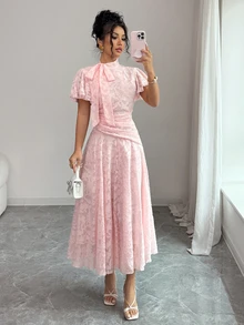 Modelyn Tie-Waist Ruched Cutout Flare Dress For Women - Pink - View 7