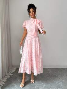 Modelyn Tie-Waist Ruched Cutout Flare Dress For Women - Pink - View 6