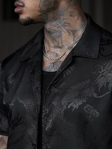 SLATEMANN Men's Chinese Dragon Single-Breasted Casual Short Sleeve Shirt - Black - View 5