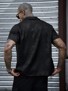 SLATEMANN Men's Chinese Dragon Single-Breasted Casual Short Sleeve Shirt - Black - View 2