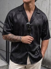SLATEMANN Men's Chinese Dragon Single-Breasted Casual Short Sleeve Shirt - Black - View 6