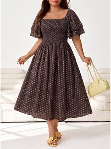 Solflare Plus Size Women's Vacation Polka Dot Print French 1950s Vintage Elegant Square Neck Dress Vacation Evening Summer - Brown - View 7