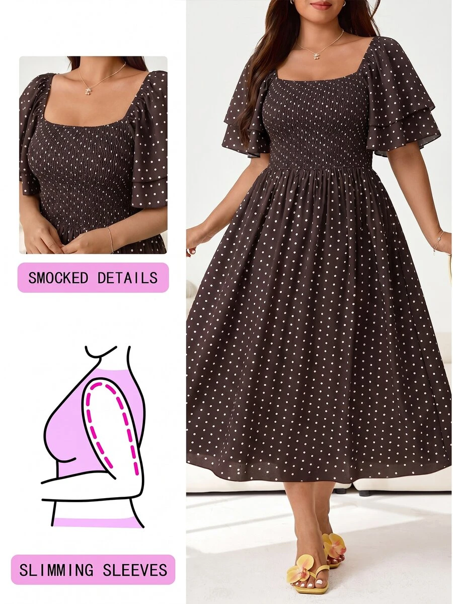 Solflare Plus Size Women's Vacation Polka Dot Print French 1950s Vintage Elegant Square Neck Dress Vacation Evening Summer