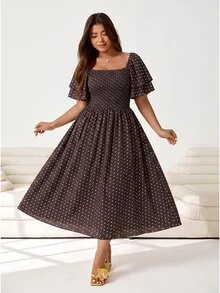 Solflare Plus Size Women's Vacation Polka Dot Print French 1950s Vintage Elegant Square Neck Dress Vacation Evening Summer - Brown - View 4