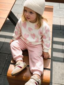 THE HAPPY LOOK 2pcs/Set Young Girl Heart Pattern Knit Soft Crew Neck Long Sleeve Pullover Sweatshirt And Elastic Waist Jogger Pants - Pink - View 6