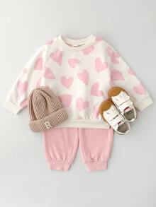 THE HAPPY LOOK 2pcs/Set Young Girl Heart Pattern Knit Soft Crew Neck Long Sleeve Pullover Sweatshirt And Elastic Waist Jogger Pants - Pink - View 3