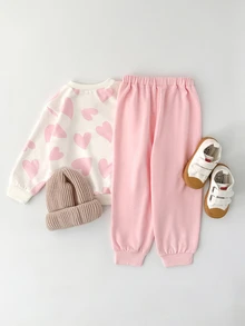 THE HAPPY LOOK 2pcs/Set Young Girl Heart Pattern Knit Soft Crew Neck Long Sleeve Pullover Sweatshirt And Elastic Waist Jogger Pants - Pink - View 2