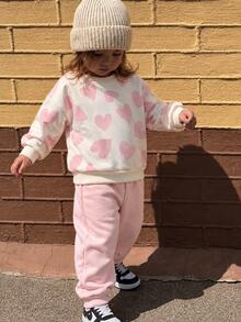 THE HAPPY LOOK 2pcs/Set Young Girl Heart Pattern Knit Soft Crew Neck Long Sleeve Pullover Sweatshirt And Elastic Waist Jogger Pants - Pink - View 7
