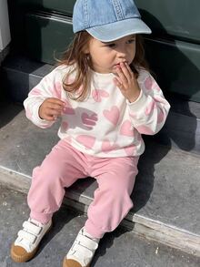 THE HAPPY LOOK 2pcs/Set Young Girl Heart Pattern Knit Soft Crew Neck Long Sleeve Pullover Sweatshirt And Elastic Waist Jogger Pants - Pink - View 1