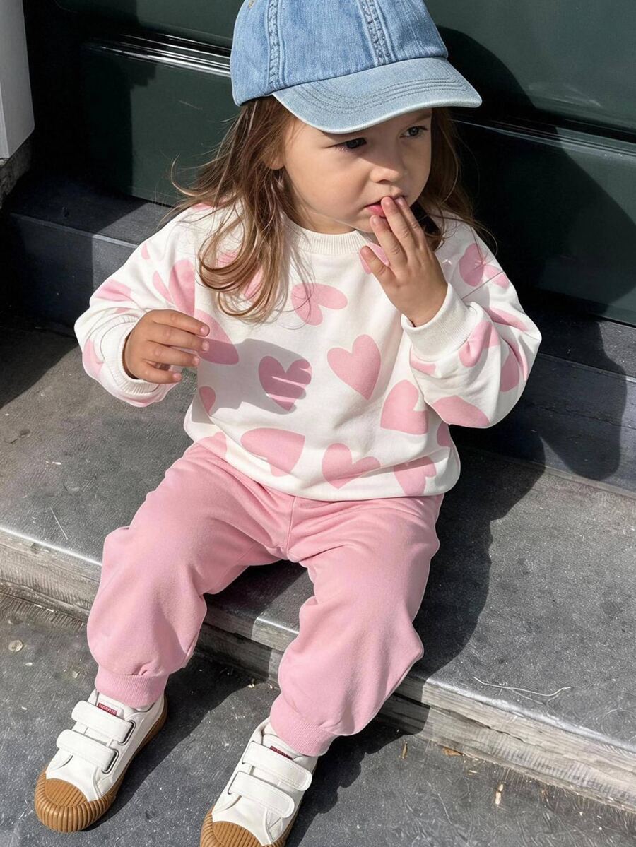 THE HAPPY LOOK 2pcs/Set Young Girl Heart Pattern Knit Soft Crew Neck Long Sleeve Pullover Sweatshirt And Elastic Waist Jogger Pants - Pink - View 1
