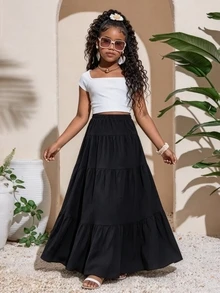 SHEIN Tween Girl Casual Back To School Vacation Tiered Hem Skirt , Autumn Fall, Holiday - Black - View 1
