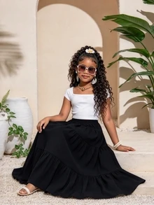 SHEIN Tween Girl Casual Back To School Vacation Tiered Hem Skirt , Autumn Fall, Holiday - Black - View 3