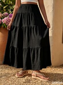SHEIN Tween Girl Casual Back To School Vacation Tiered Hem Skirt , Autumn Fall, Holiday - Black - View 5