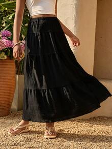 SHEIN Tween Girl Casual Back To School Vacation Tiered Hem Skirt , Autumn Fall, Holiday - Black - View 9