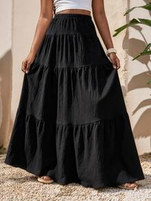 SHEIN Tween Girl Casual Back To School Vacation Tiered Hem Skirt , Autumn Fall, Holiday - Black - View 10