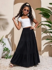 SHEIN Tween Girl Casual Back To School Vacation Tiered Hem Skirt , Autumn Fall, Holiday - Black - View 2