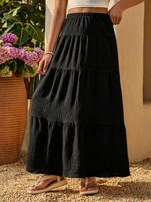 SHEIN Tween Girl Casual Back To School Vacation Tiered Hem Skirt , Autumn Fall, Holiday - Black - View 8